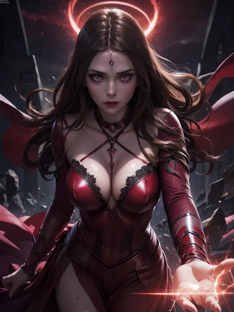 scarlet witch,woman,girl,female,detailed face,beautiful detailed eyes,beautiful detailed lips,extremely detailed eyes and face,long eyelashes,glowing red aura,chaos magic,hands emitting magic,powerful,dramatic,cinematic,surreal,digital art,concept art,fant...