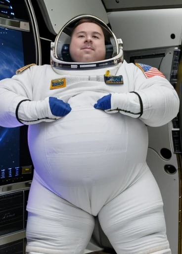 The captain of the astronauts is a plump, chubby man, extremely thick thighs, a large belly, fat. Passing inside the spaceship laboratory , he checks an analysis under the microscope. His arms are holding digital analysis devices. He wears a spacesuit.