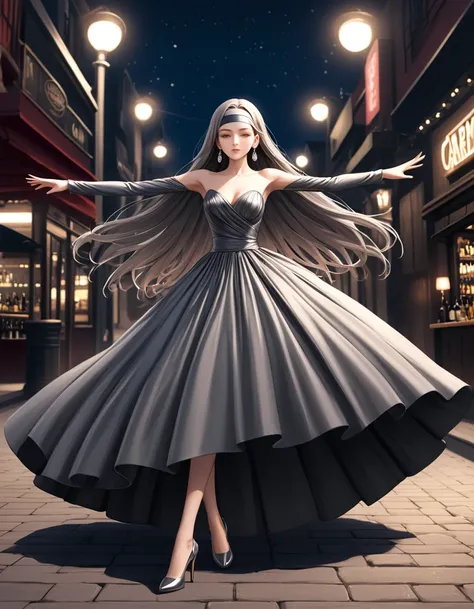 (masterpiece:1.2, Highest quality), 1 Female, alone, Upper Body, Big Slender、Vermilion hair、Soft long hair、Headband、Earrings、Gunmetal Grey Tiered Dress、Off the shoulder、Long sleeve、High heels、Outdoor Bar、Carmen、dance、Detailed limbs、Brilliant steps、Outstret...