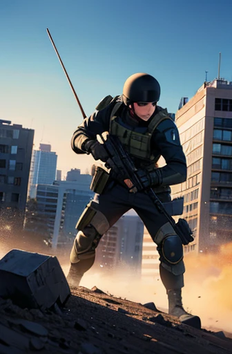 swat,battle field,holding_weapon,masterpiece,best quality,super fine illustration,building,detailed background,