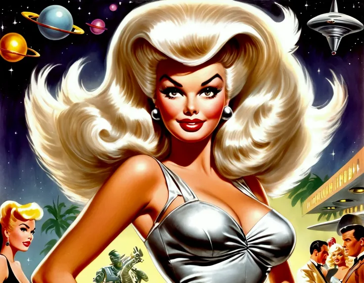 (Jayne Mansfield, age 25, sexy sci fi outfit (Jetsons cartoon style), crazy hairdo platinum blonde), dancing The Monkey in a sci fi club, packed dance floor
