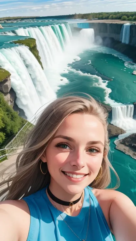 b1mb0 woman, jewelry, choker, smiling, 
face portrait, selfie, outside, nature, niagara falls,
(best quality, detailed, qhd),
