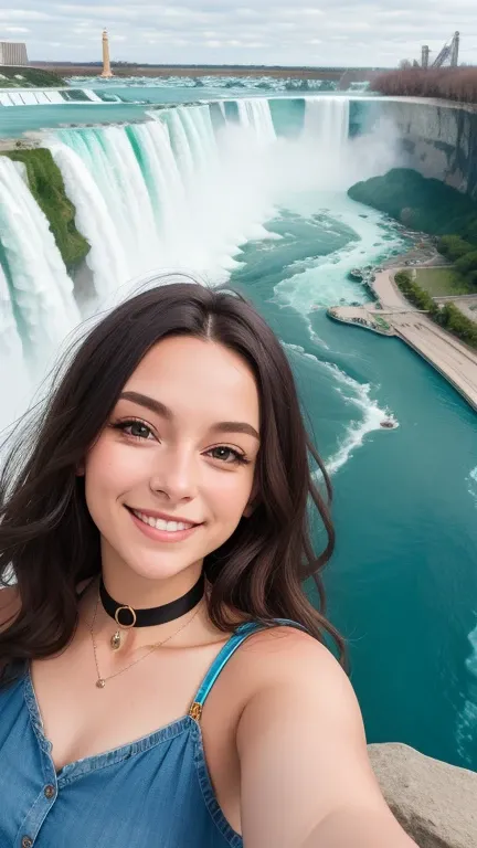 b1mb0 woman, jewelry, choker, smiling, 
face portrait, selfie, outside, nature, niagara falls,
(best quality, detailed, qhd),
