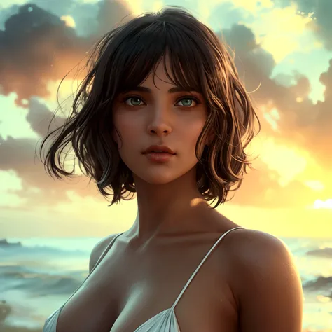 woman in the beach)(( Full amazing body )), ((nice modeling poses. amazing beautiful body , background full of stars, nebulas , clouds and lightings, (masterpiece), (best quality), (ultra-high quality), (8k resolution), (over-detailed), (ray tracing), 12k,...