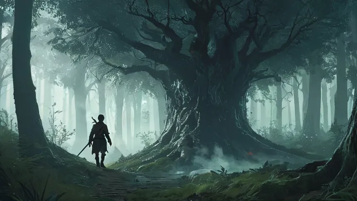 In a dark medieval forest, a young boy named Elias walks cautiously along a narrow, overgrown path, gripping a sword tightly in his small hands. The ancient trees loom overhead, their gnarled branches creating a nearly impenetrable canopy that lets through...