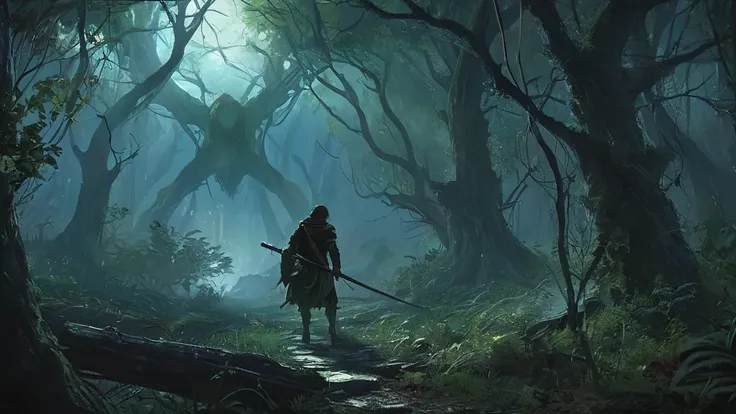 In a dark medieval forest, a young boy named Elias walks cautiously along a narrow, overgrown path, gripping a sword tightly in his small hands. The ancient trees loom overhead, their gnarled branches creating a nearly impenetrable canopy that lets through...