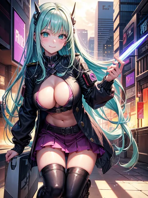 middle School girls，smile，Beautiful girls，Beautiful girl from another world，Girl holding a light sword in her hand，Cyberpunk uniforms，The best quality to get you horny，Psychic，Wizard，battle，Colorfulな髪色，Perfect Girl，Super cute girl，Cyberpunk Background，Cute...