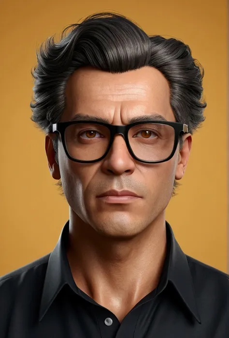 ((best quality)), ((master part)), ((desenhos animados realistas)), ((Personagem perfeito)) - Um retrato frontal meticulosamente detalhado e realista de um homem com cabelo raspado, glasses and a shirt with beautiful textures. O homem olha diretamente para...