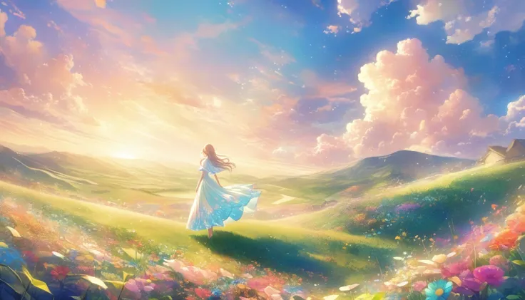 A stunning wide view image of an anime Young woman looking at the vast plain, countless of grass and colorful flowers, dreamlike sky, fluffy clouds, vibrant sunset colors, gentle breeze blowing through her hair, from behind , elegant flowing dress, surroun...