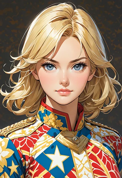 a blond hero in a plain, patterned uniform