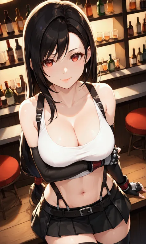 (score_9, score_8_up, score_7_up), BREAK  (masterpeace),(best quality),(aesthetic,very aesthetic),(highly detailed),1girl, tifa lockhart, final fantasy,(beautiful). black hair, low-tied long hair, red eyes, bangs, white tank top,gap, belt, pleated skirt, t...