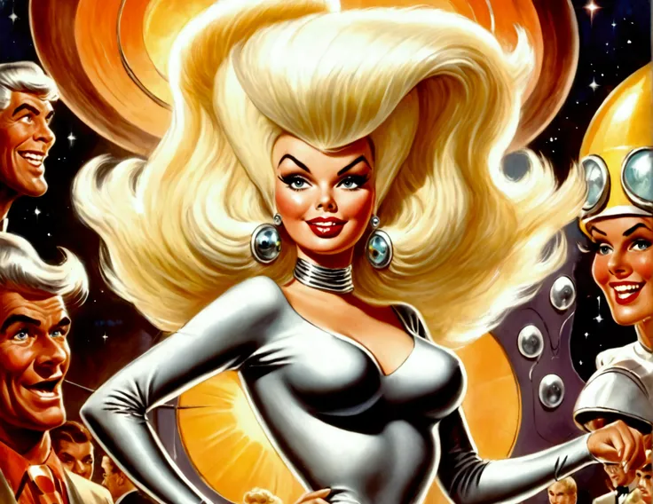 (Jayne Mansfield, age 25, sexy sci fi outfit (Jetsons cartoon style), crazy hairdo platinum blonde), dancing The Monkey in a sci fi club, packed dance floor
