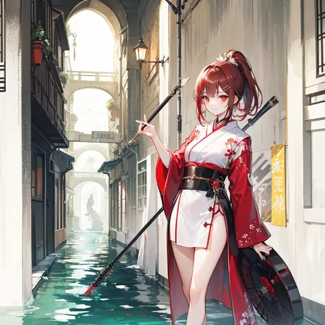 Brunette beauty。High ponytail，red hair clips，short detailed hair，Extremely tall，Wear red and white antique japanese clothes，Valkyrie，Brown belt，Brown boots，Red spear in hand，Standing in the antique courtyard，A bright smile，red pupils，Bare legged，Best quali...