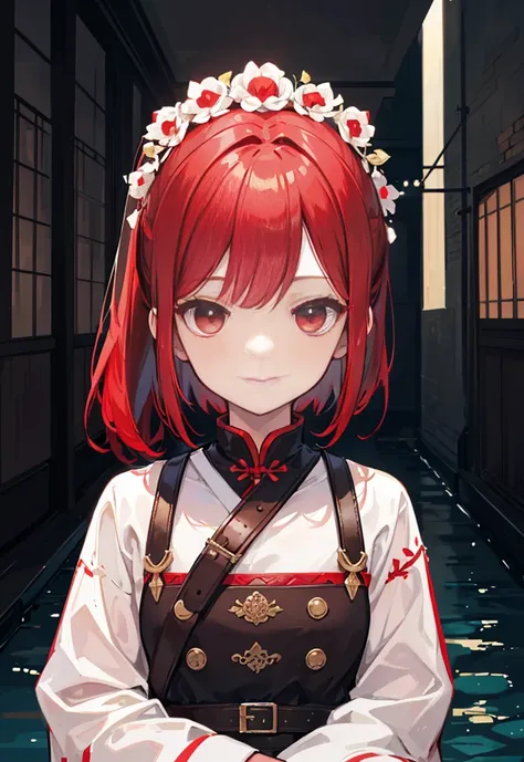 Brunette beauty。High ponytail，red hair clips，short detailed hair，Extremely tall，Wear red and white antique japanese clothes，Valkyrie，Brown belt，Brown boots，Red spear in hand，Standing in the antique courtyard，A bright smile，red pupils，Bare legged，Best quali...