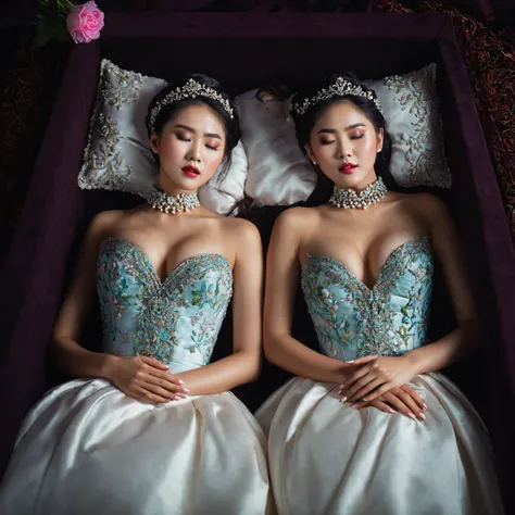 In a striking 8K HDR scene, a stunning Korean woman, 22 years old, lies peacefully in a black coffin surrounded by plush pillows. The deep box is set against a rich black background, accentuating the beauty of the subject. Her exquisite deep-V neckline keb...