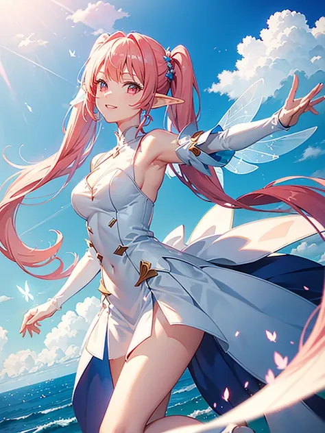 blue sky，((giant windmill))，a girl，Elf，Pink hair，long twintails，Red eyes，Sweet smile，white fashion clothing，Bare shoulders，((Wind flow))，((elegant clothes))，((transparent))，Butterfly wings，side，((dynamic poses))，twinkling，((Super detailed))，Rendering，movie...