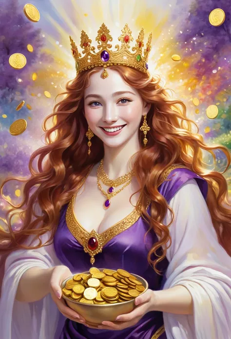 Like a Renoir painting. natural appearance. A goddess with long red wavy hair hands out gold coins to people and the people are happy. She smiles at people with her wise and compassionate eyes. She smiles sweetly, wears a jeweled crown and deep purple robe...