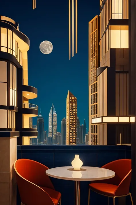 vreate an An abstract, surreal cityscape in a futuristic yet timeless style, combining elements of Art Deco and Cubism. The composition features a cat sitting at a small café table in the foreground, with a large, glowing full moon dominating the backgroun...