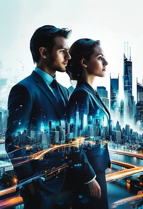 (Create a double exposure image that combines two distinct scenes:1) A Caucasian man and a woman, both dressed in business attire, standing side by side and looking away from the camera towards a vivid cityscape. Their backs are turned towards us, symboliz...