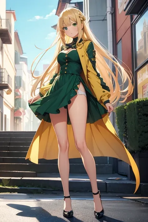 Blonde anime girls with green eyes and long legs full body