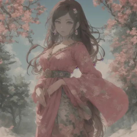 A beautiful anime girl in a pink sari, standing with a pretty pose, detailed face with beautiful dark red eyes, red lips with red lipstick, slightly brown hair with highlights and a pink flower on her ear, in front of red flowers on a tree with an open sky...