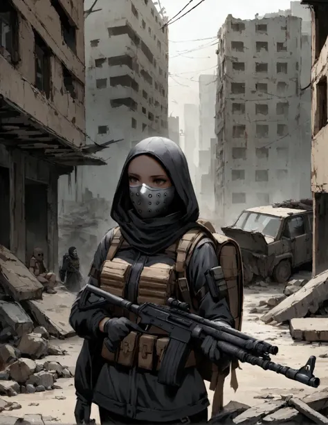 Female, hooded female, masked, hidden face, balaclava, balaclava female, rags short cloak, black Parka, closed parka, bandolier, post apoclayptic, in a city ruins, post apocalyptic, dark clothing. Tactical gear, tactical vest, backpack, holding a rifle