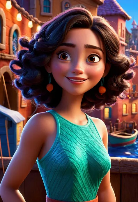 Imagem estilo pixar com óculos brancos 3D personagem morena mulher cabelo cacheado curto dançando, Disney makeup,fisherman, bonitas, smiling ,foreground, pixar, Disney, Cinema lighting,