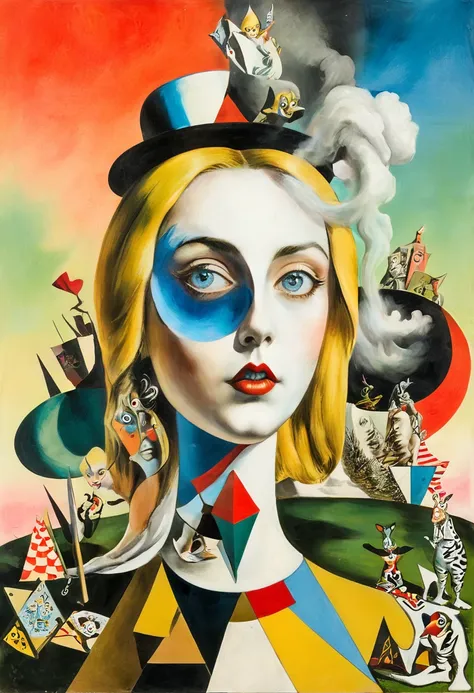 alice in wonderland themed, surreal and strange dislocation art：collage, there are many different things on the faces, colors, g...