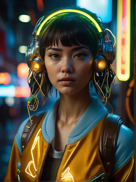 cyberpunk girl, glowing wires, dark city, reflective puddles, neon signs,, Photorealistic, Hyperrealistic, Hyperdetailed, analog style, soft lighting, subsurface scattering, realistic, heavy shadow, masterpiece, best quality, ultra realistic, 8k, golden ra...