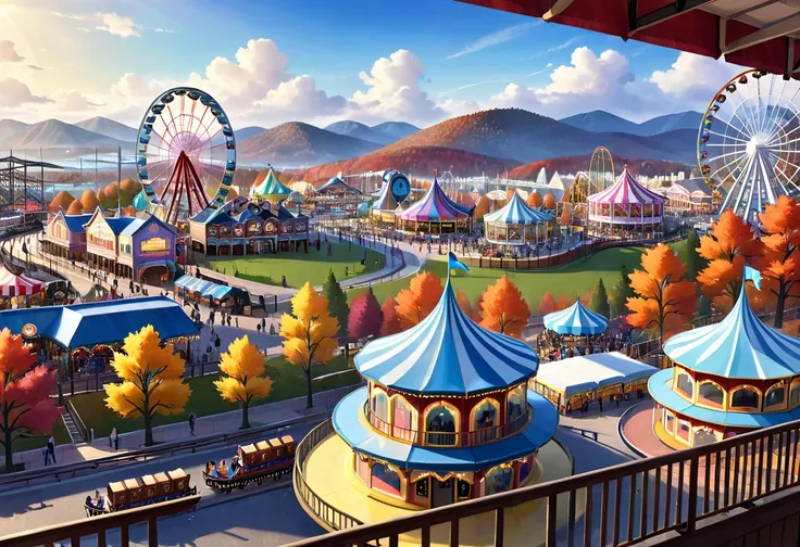 The scenery outside the window of the gondola at the top of the Ferris wheel, can see roller coasters, carousels, haunted teacups, and more, distant view, outside the amusement park is a residential area, mountains can be seen in the distance, amusement pa...