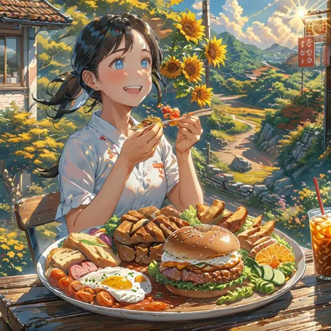 eating lunch, good scenery, smooth hands, happy, beautiful sunshine, best food, anime style, masterpiece, UHD, accurate, high quality, high details, super detail, award winning, best quality, 16k