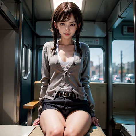 (((Misako Renbutsu)))Beautiful Young Female with ((Twin Braids) covering Bust) (Flashing Crotch) on ((Dusk Train)), (extremely delicate and beautiful) Detailed Closing Texture, Professional portrait of SemiNude photography, (((Unbuttoned cardigan with belt...