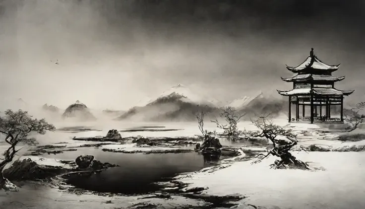 traditional chinese style，black and white chinese ink painting，water ink，ink，soil，winters，snow，heavy snow，in the distance, the m...