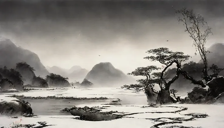 traditional chinese style，black and white chinese ink painting，water ink，ink，soil，winters，snow，heavy snow，in the distance, the m...