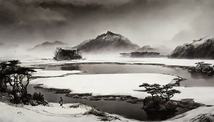 traditional chinese style，black and white chinese ink painting，water ink，ink，soil，winters，snow，heavy snow，in the distance, the m...