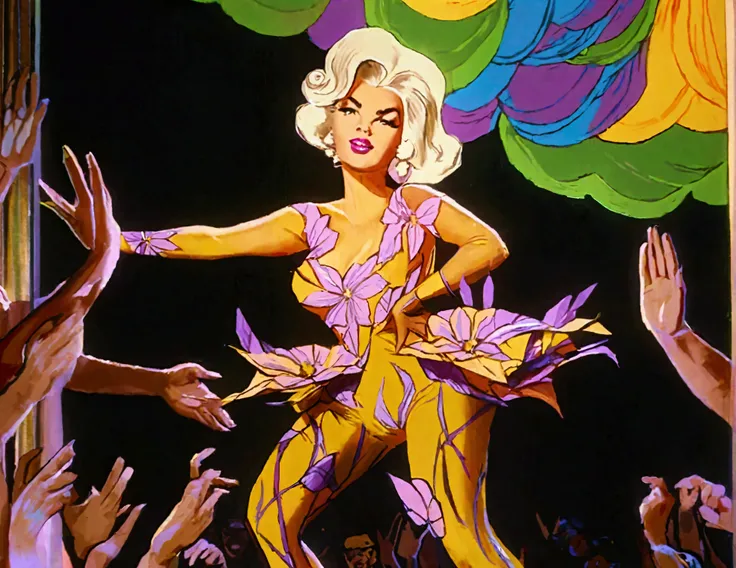 (Jayne Mansfield, age 25, extensive artistic body paint flower themed (only face and hands exposed)), doing an interpretive dance on stage, she is in spotlight, dancing like a flower in breeze
