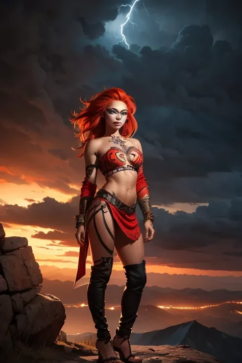 A fierce girl with fiery red hair, adorned in tribal face paint, standing atop a mountain peak with a storm brewing in the background. Rendered in a bold, abstract style.

