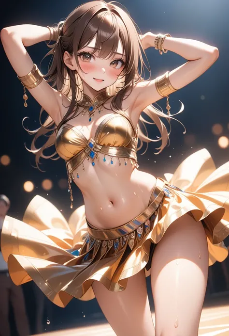 (((Sexy dancer))), (((Belly Dance Costumes, Navel, skirt))), ((Shiny Costumes)), skindentation, skinny, solo, 1 woman, Masterpiece, highest quality, highest quality, 16K, incredibly absurd, highly detailed, 2.5D, ai-generated, delicate and dynamic, very de...