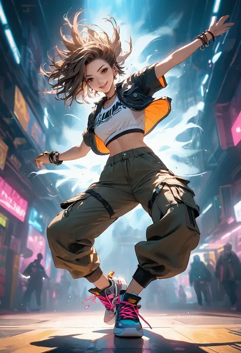 (masterpiece, best quality:1.2), A cute lady, solo, breakin dancer, power movements, strenuous movements, intense footwork, Dynamic Motion Blur, Sweat shines and pops, cyberpunk, bright smile, lips apart, (punk color short hair, brown eyes), (crop top, car...