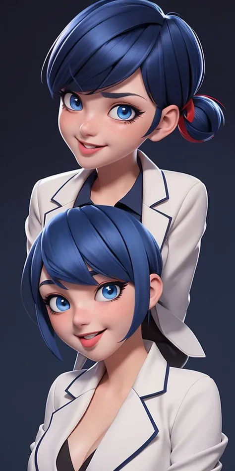 Dark blue, bob-cut hair with red-tipped ponytail, blue eyes, light makeup with winged eyeliner, neutral expression, white shirt with floral design, gray blazer, chest-up view, huge breasts, huge ass, Blush, Tongue Out, Smile, Simple background, Anime Style...