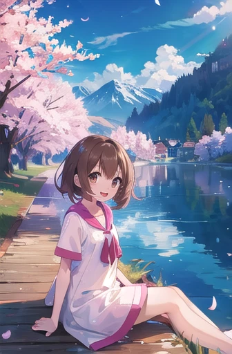 gloria from Pokemon (masterpiece),  BREAK 1girl,  breezy summer dress,  wavy hair,  floating hair,  smile,  sitting,  open mouth,  light particles,  brown hair,  deep brown eyes,  looking at viewer,  face focus, BREAK, scenery,  mountainous horizon,  cherr...