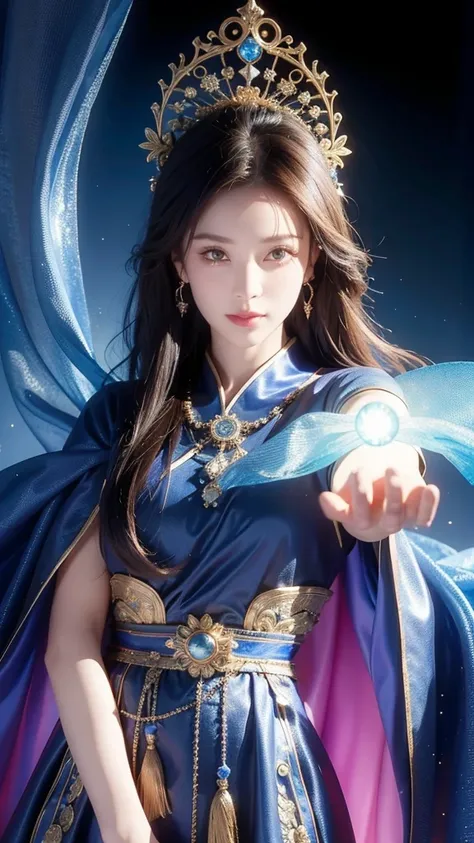 ((facing front:1.5)),female fortune teller. attractive, beautiful and mysterious. she wears a blue cloak and has distinct featur...