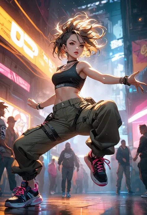 (masterpiece, best quality:1.2), A cute lady, solo, breakin dancer, power movements, strenuous movements, (one hand handstand), Dynamic Motion Blur, Sweat shines and pops, cyberpunk, lips apart, (punk color short hair, brown eyes), (crop top, cargo pants, ...