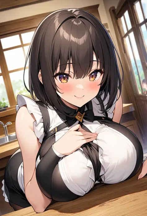 One Woman、beautiful girl、Maid、20-year-old、Bobcut、Western-style building、Maidの、Maidカチューシャ、Short skirt、Black Pantyhose、Highest quality, smile,Big Breasts、Very large breasts、Put it on the table、 Sink into the table、Put it on the table、Bust up angle、Place the ...