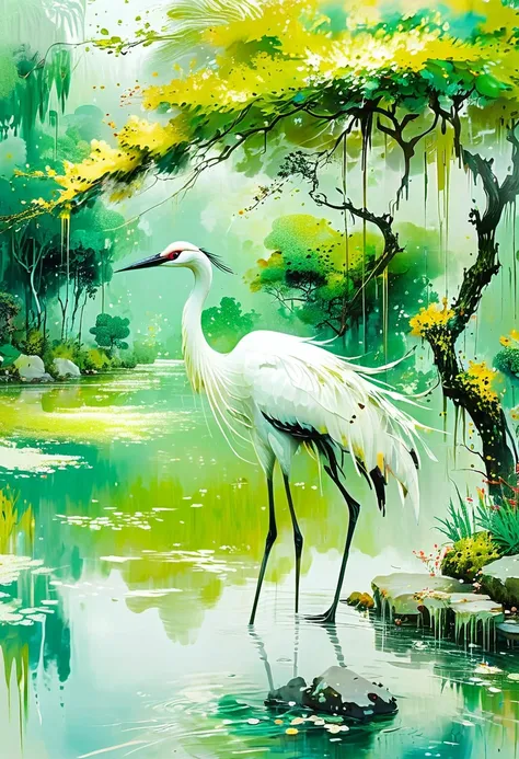 an immortal crane floats in the background of water and trees, abstract painting style, emmanuelle moureaux, traditional chinese...