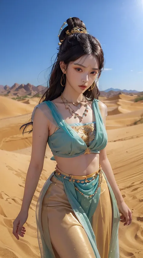 (masterpiece: 1.3), best quality, High resolution, Delicate skin、Tall、beautiful woman, Exquisite double eyelids and bright eyes, dark brown wavy hair, Dunhuang_skirt, Dunhuang_clothing, around the leash, Wearing a necklace, (Desert dunes as background), Re...