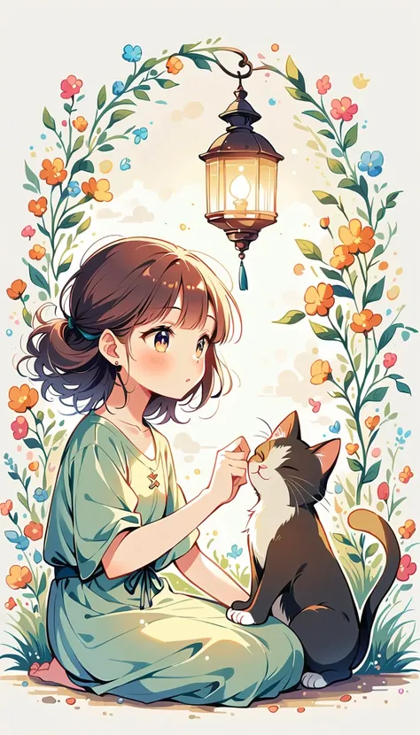 white background, Watase Seizo style, Simple line initials，shining pupils，((wish, lamplight, cat)), (((The Most Beautiful Girl))), vivid colors, Vivid color,