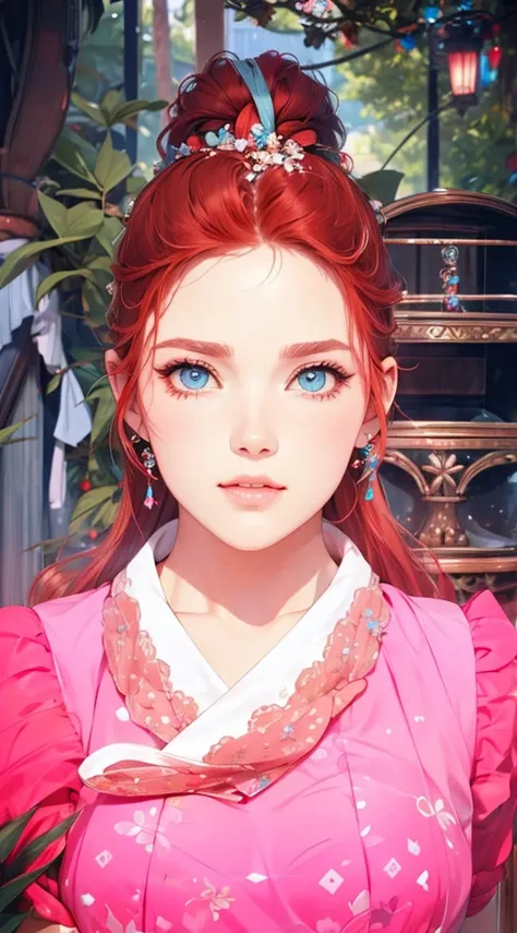 photoactual, lip gloss, , actual, best quality, ultra high resolution, depth, pastel colors, Natural shades, focus on face, Just look at the face, looking at the audience, long hair, hair accessories, red hair, blue and detailed eyes, skirt
