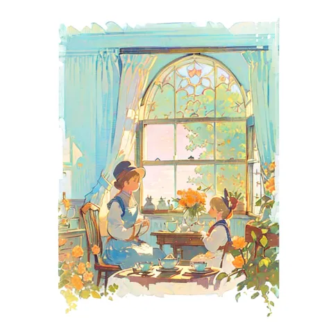 ((masterpiece))),(((Highest quality))),((Very detailed)),(Very delicate beauty: 1.2),(Vintage Style),Illustration of a picture book in the style of Beatrix Potter,キッチンのwindow,antique, Lace curtains,Tile table,Red Tea Set,Tea Time,Calm skies, window, window...