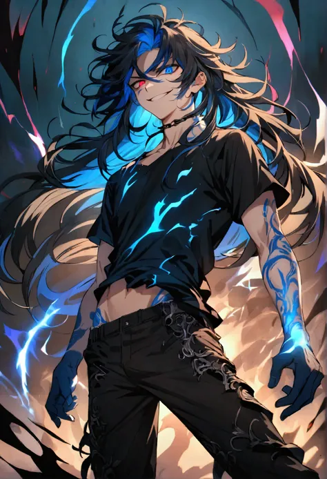 teenage boy, Messy hair, long hair, multicolored bright black and blue hair, evil grin, black and blue eyes heterochromia, black loose ripped short sleeve shirt, dark brown ripped pants, blue tattoos on the body, intense electric aura around the character.